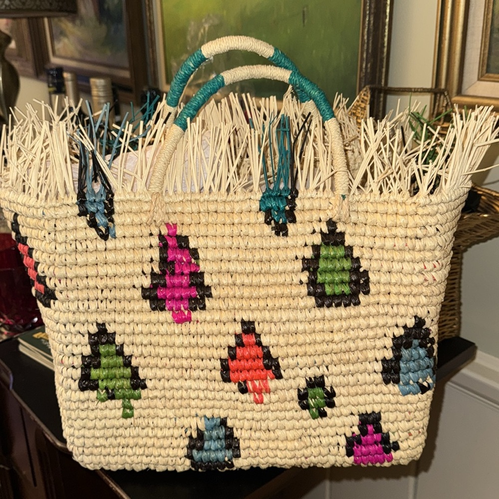 SENSI STUDIO rainbow spotted spots cheetah animal print straw tote bag purse